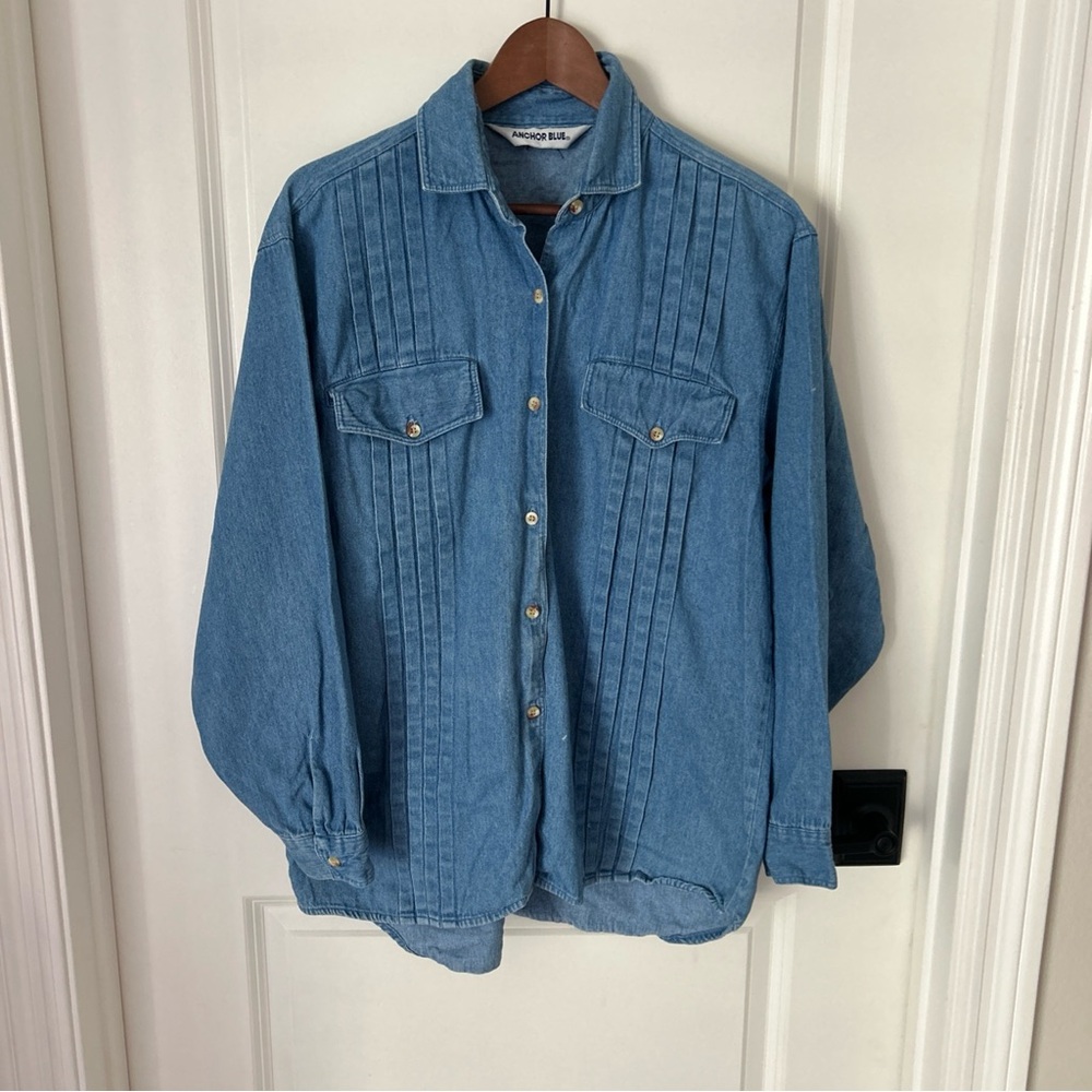 Vintage Anchor Blue Women’s L  Blue Chambray 100% Cotton Pleated Shirt Western